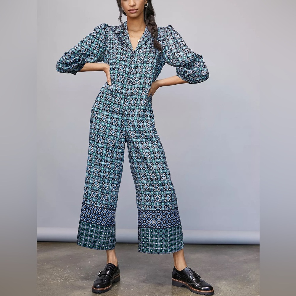 Anthropologie Morgan Waistless Wide Leg Jumpsuit Blue Print Medium